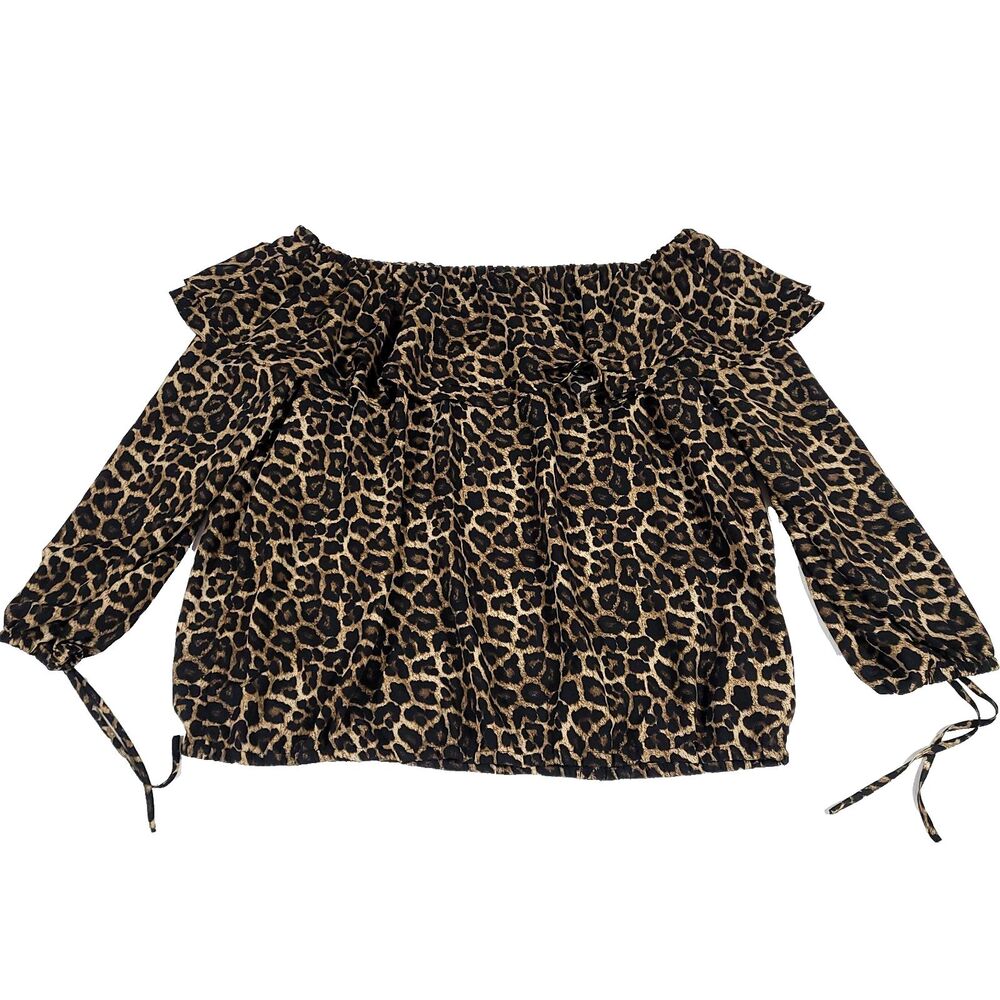 Michael Kors Animal Print Ruffle Top 2X Plus Peasant Boat Neck Mob Wife Tie Slve
